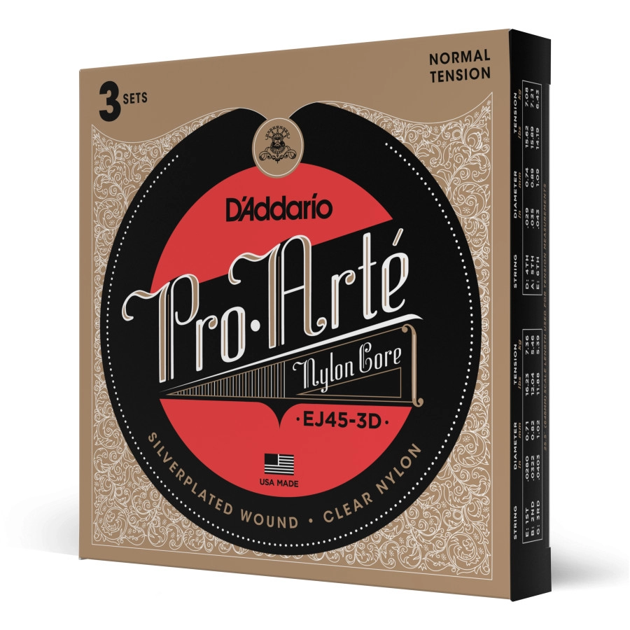 D'Addario EJ45-3D Pro-Arte Nylon Classical Guitar Strings, Normal Tension, 3 Sets