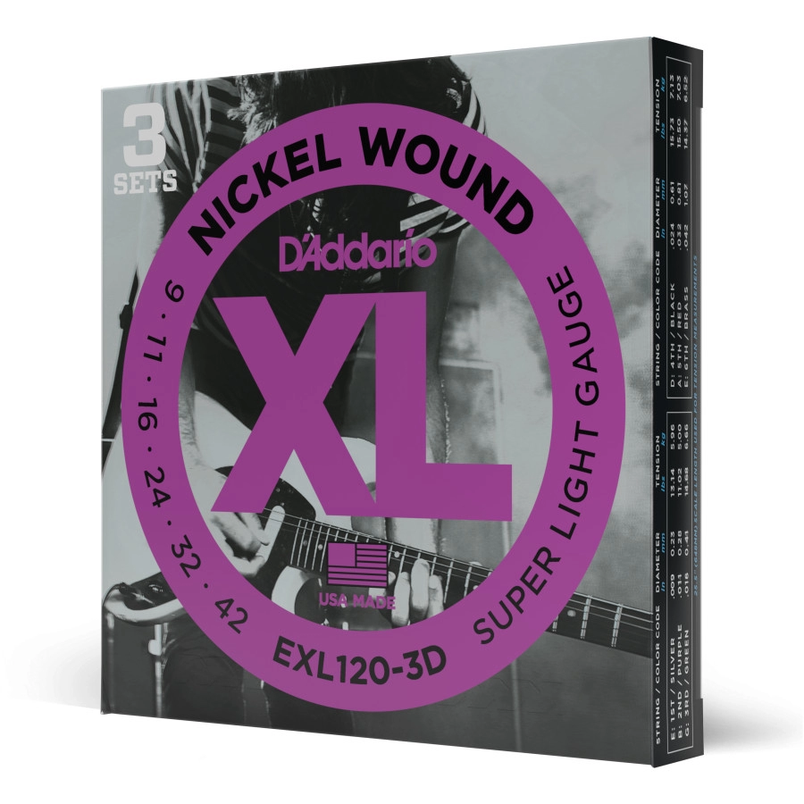 D'Addario EXL120-3D Nickel Wound Electric Guitar Strings, Super Light, 09-42, 3 Sets