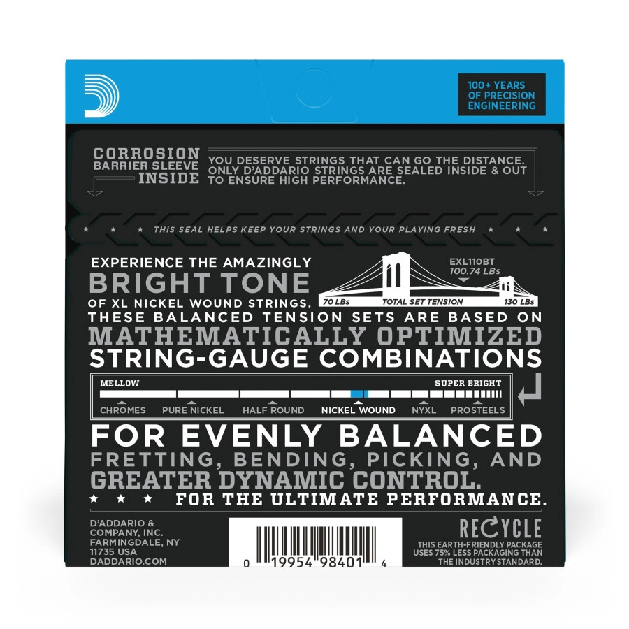 D'Addario EXL110BT Nickel Wound Electric Guitar Strings, Balanced Tension Regular Light, 10-46